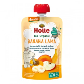 Holle | Mus w tubce bananowa lama (banan-jabłko-mango-morela) bez dodatku cukrów od 6 miesiąca Demeter BIO 100g
