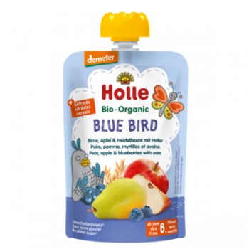 Holle | Mus w tubce niebieski ptak (gruszka-jabłko-jagoda-owies) bez dodatku cukrów od 6 miesiąca Demeter BIO 100g
