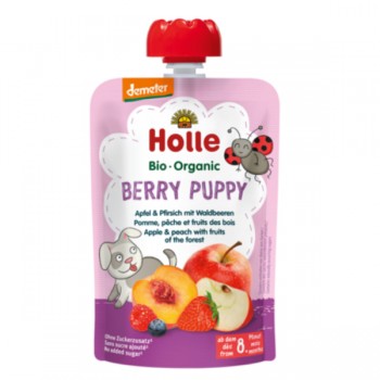 Holle | Mus w tubce piasek (jabłko-brzoskwinia-owoce leśne) bez dodatku cukrów od 6 miesiąca Demeter BIO 100g