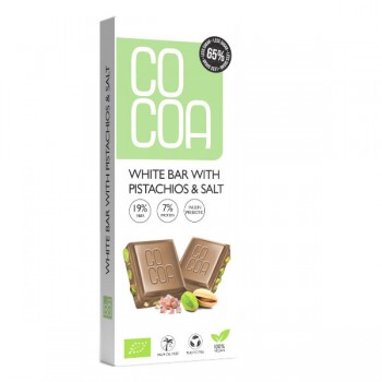 Cocoa | Tabliczka biała z pistacjami i solą 60% mniej cukru BIO 40g