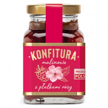 Polska Róża | Konfitura malinowa z płatkami róży o obniżonej zawartości cukru 170g